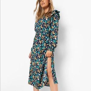 BOOHOO Floral Frill Shoulder Midi Dress - Size US 12 - Blue Green